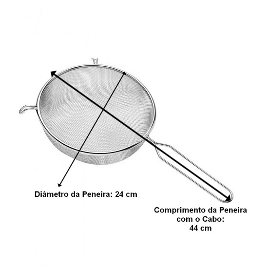 Peneira 24cm Diâmetro Por 44cm Comprimento Coar Polvilhar em Aço Inox